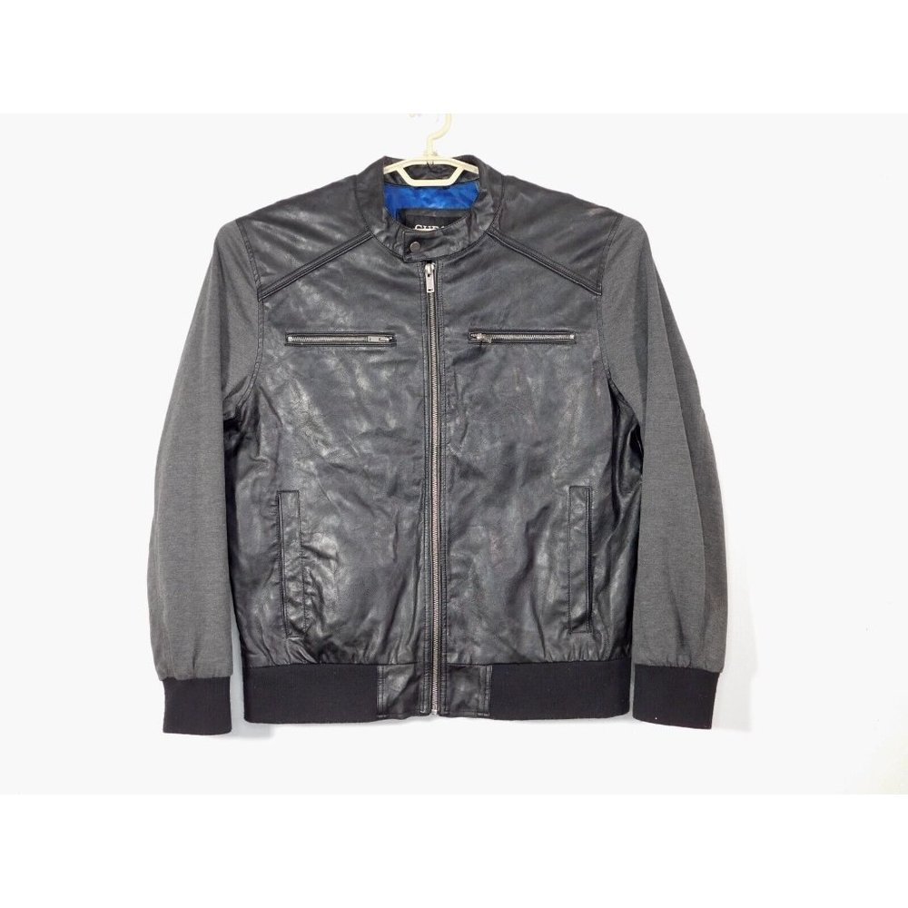 Guess Mens Faux Leather Motorcycle Jacket Black Gray Full Zip Pockets
